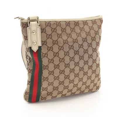 Pre-owned Gucci Gg Canvas Beige Brown White Canvas Leather Shoulder Bag ()