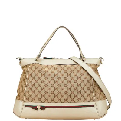 Pre-owned Gucci Gg Canvas Beige Gg Canvas Leather Shoulder Bag Tote Bag () In Sand