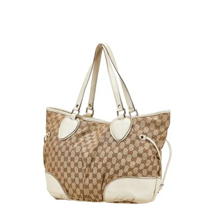 Pre-owned Gucci Gg Canvas Beige White Gg Canvas Leather Shoulder Bag Tote Bag () In Multi