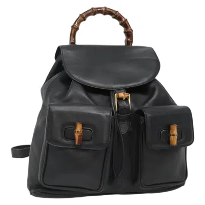Pre-owned Gucci Vintage Bamboo Backpack Leather Black Leather Backpack Bag ()