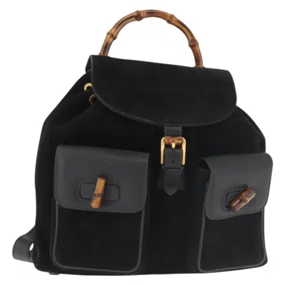 Pre-owned Gucci Vintage Bamboo Backpack Suede Black Suede Backpack Bag ()