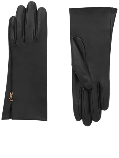 Saint Laurent Cassandre Leather Gloves In Black