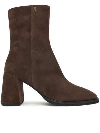 Furla Square Toe Suede Ankle Boots With Block Heel In Brown