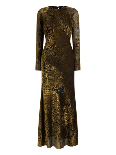Etro Floral Paisley Motif Long Burnout Velvet Dress In Green