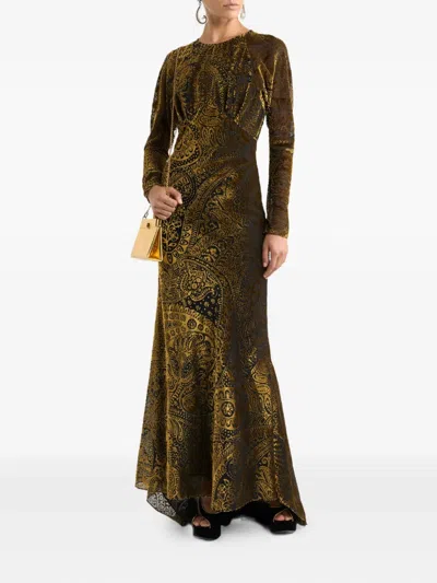 Etro Floral Paisley Motif Long Burnout Velvet Dress In Green