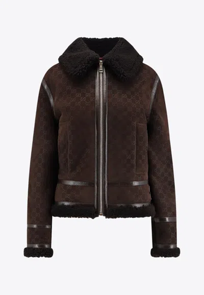 Gucci Women Brown Shearling Jacket With Shearling Trims And All-over Gg Motif In Suede Woman In Brown