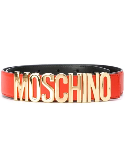 Moschino Logo Plate Leather Belt In Red