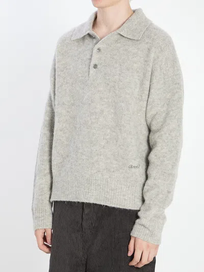 Ami Alexandre Mattiussi Light Grey Knit Sweater With Polo Collar And Three-button Placket In Gray