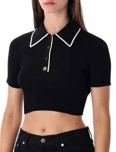 Amiri Cropped Polo Knit Top With Ribbed Texture In Black