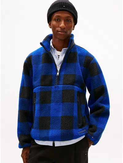 Tommy Hilfiger Check Teddy Fleece Quarter In Blue