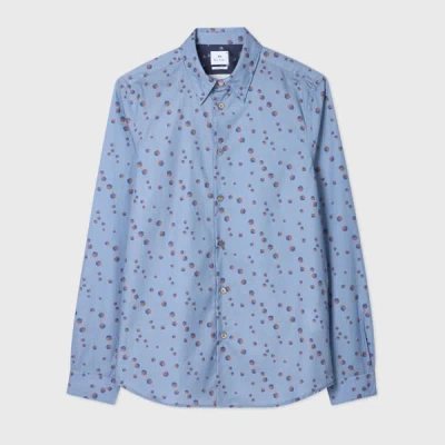Ps By Paul Smith Tailored-fit Light Blue 'dice' Print Shirt In Blue