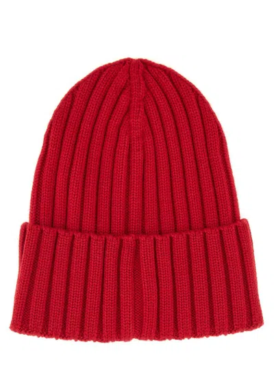 Moncler Red Cable Knit Wool Hat In Red