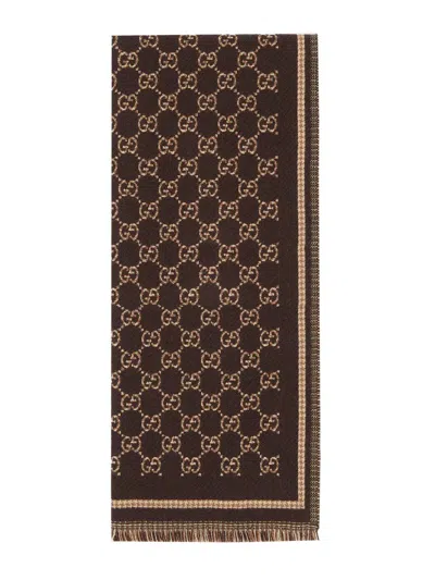 Gucci Patterned Rectangular Wool Scarf In Brown