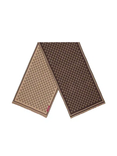 Gucci Patterned Rectangular Wool Scarf In Brown