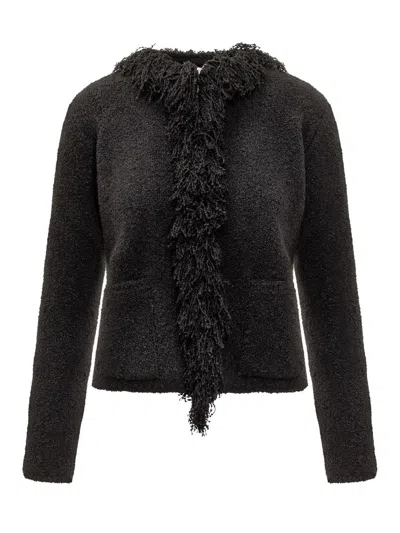 Ferragamo Salvatore  Black Cardigan With  Fringes In Brown