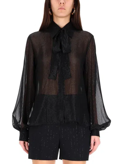 Max Mara Long Sleeve Pleated Blouse Bow Detail In Black