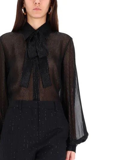 Max Mara Long Sleeve Pleated Blouse Bow Detail In Black