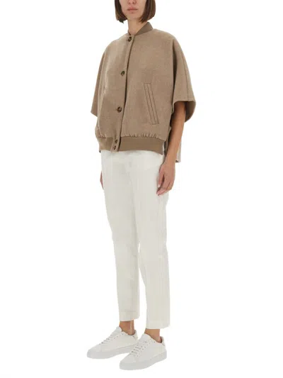Max Mara Ribbed Hem Short Sleeve Cape With High Collar In Brown