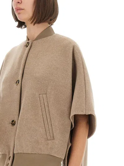 Max Mara Ribbed Hem Short Sleeve Cape With High Collar In Brown