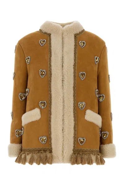 Valentino Shearling Jacket With Heart Motifs And Tassels In Brown