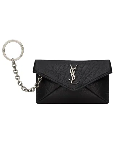 Saint Laurent Textured Leather Envelope Wallet Chain Detail In Black
