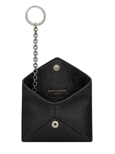 Saint Laurent Textured Leather Envelope Wallet Chain Detail In Black