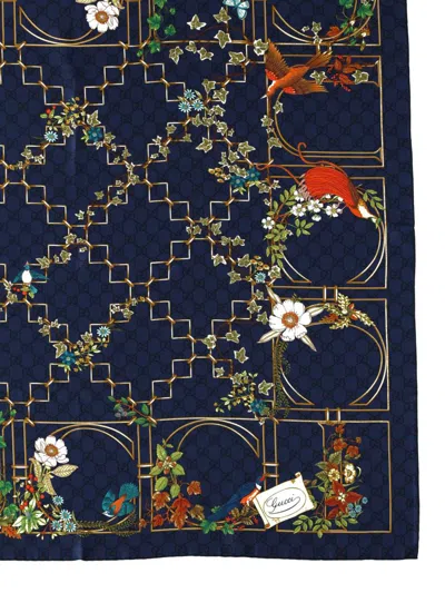 Gucci Multicolor Floral And Geometric Silk Scarf In Blue