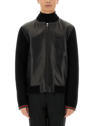 Gucci Black Bomber Jacket With Front Logo In Nappa Leather And Mesh Man In Animal Print