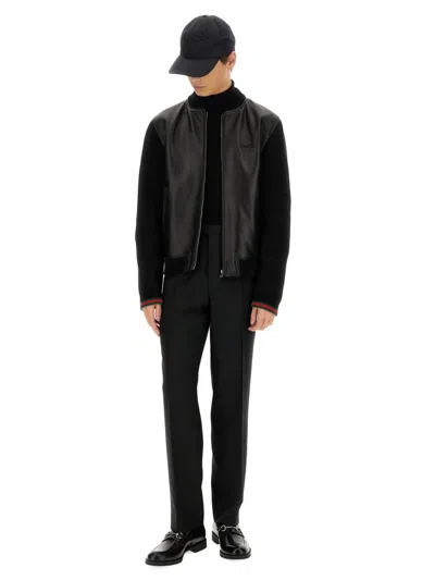 Gucci Black Bomber Jacket With Front Logo In Nappa Leather And Mesh Man In Animal Print
