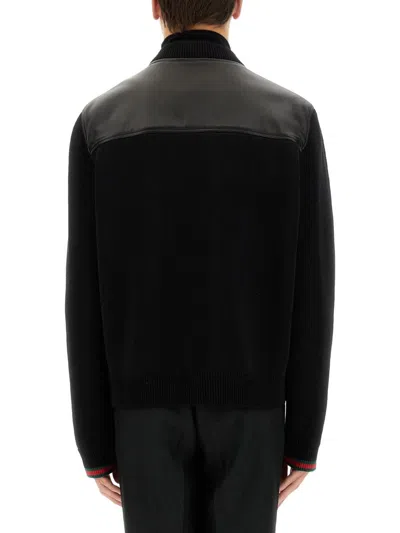Gucci Black Bomber Jacket With Front Logo In Nappa Leather And Mesh Man In Animal Print