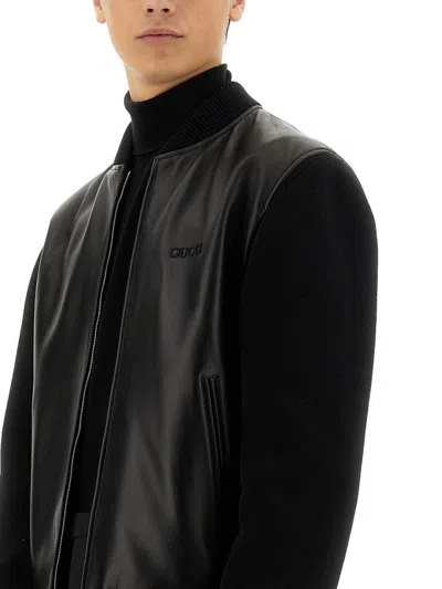 Gucci Black Bomber Jacket With Front Logo In Nappa Leather And Mesh Man In Animal Print
