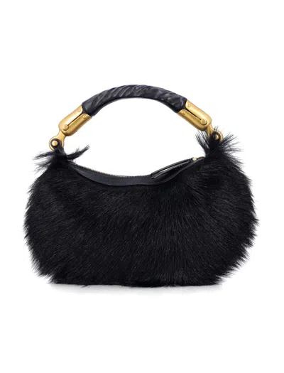 Balmain Genuine Fur Handbag With Leather Handle In Black