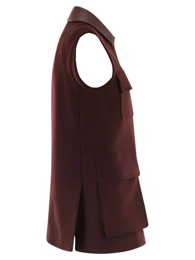 Max Mara Sleeveless Jacket With Leather Collar And Pockets In Burgundy