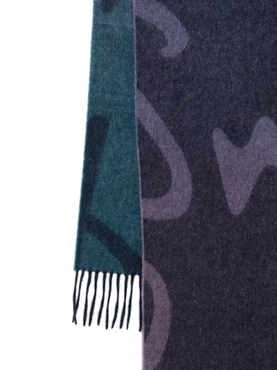 Paul Smith Abstract Pattern Color Block Fringed Scarf In Blue