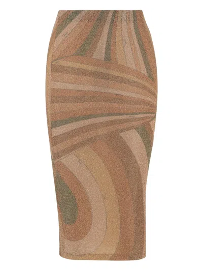 Pucci Abstract Patterned Midi Skirt With Elastic Waistband In Brown