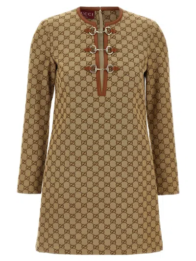 Gucci Beige Crewneck Mini Dress With Horsebit On The Front In Gg Canvas Woman In Brown