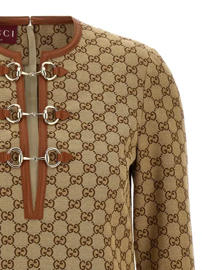 Gucci Beige Crewneck Mini Dress With Horsebit On The Front In Gg Canvas Woman In Brown