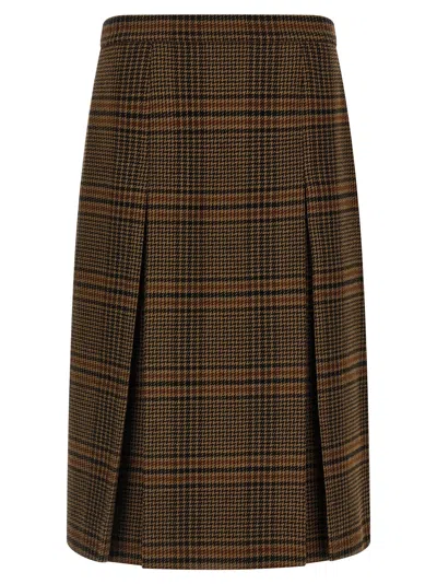 Saint Laurent Prince Of Wales Wool Midi Skirt In Brown
