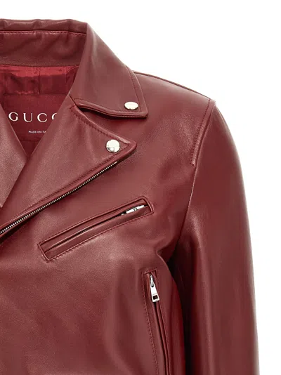 Gucci Leather Biker Jacket Puffer Jackets Brown In Red