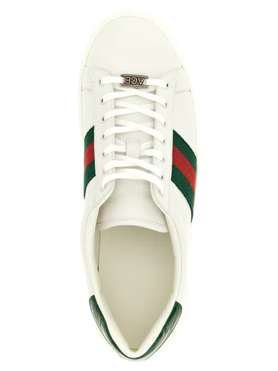 Gucci Ace Leather Sneakers With Lateral Web Band In White