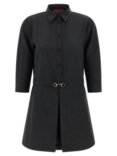 Gucci Womens Horsebit Long-sleeves Wool Mini Dress Ardesia Grey In Black