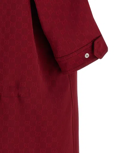 Gucci Monogram High Collar Long Length Jacket In Burgundy