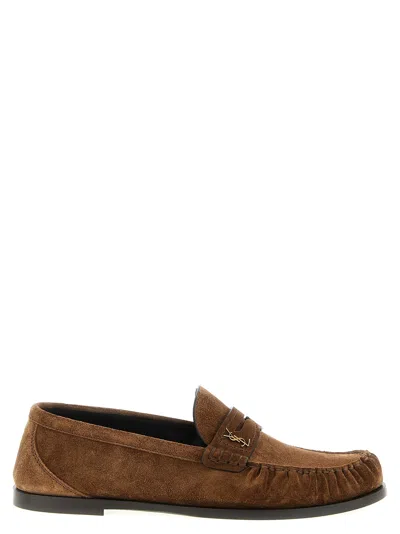 Saint Laurent Suede Penny Strap Loafers Round Toe In Brown