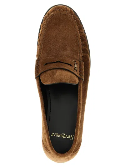 Saint Laurent Suede Penny Strap Loafers Round Toe In Brown