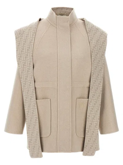 Fendi Beige Wool Parka With Removable Stole And Ff Monogram In Multi