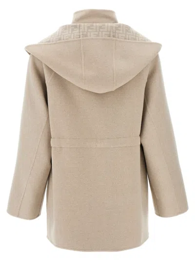 Fendi Beige Wool Parka With Removable Stole And Ff Monogram In Multi
