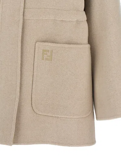 Fendi Beige Wool Parka With Removable Stole And Ff Monogram In Multi