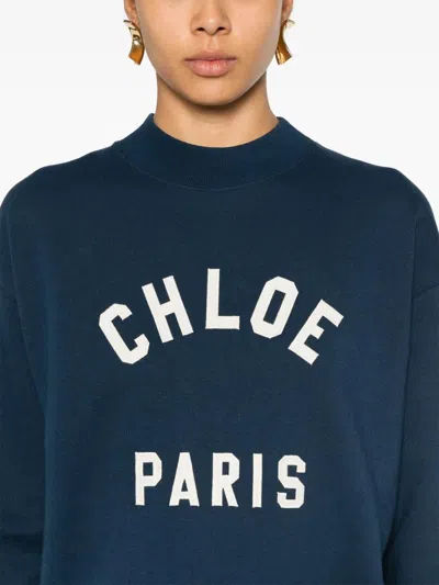 Chloé Women Blue Crewneck Sweatshirt With Logo Lettering Print In Cotton Woman In Animal Print