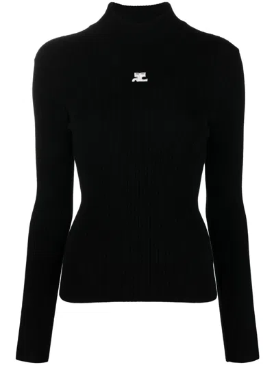 Courrèges Mockneck Rib Knit Sweater In Black
