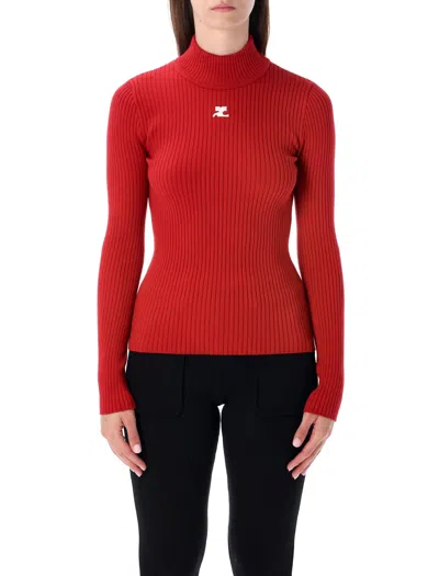 Courrèges Rib Knit Mock Neck Sweater In Red